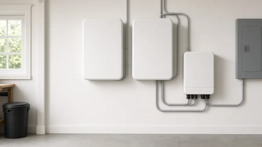 Wall-mounted home battery units and inverter in a garage