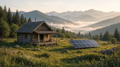 Off-grid log cabin in the mountains with a ground-mounted solar array