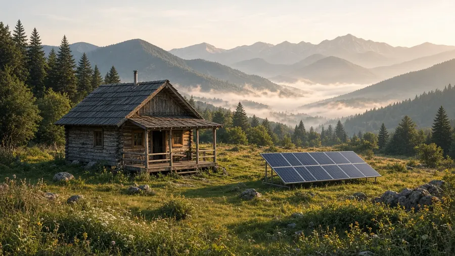 Off-grid log cabin in the mountains with a ground-mounted solar array