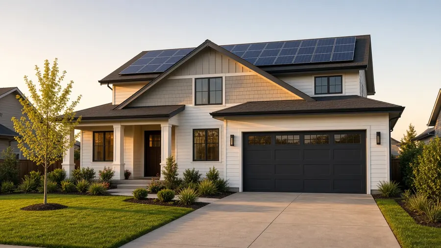 Modern house with rooftop solar panels and a straight concrete driveway at golden hour
