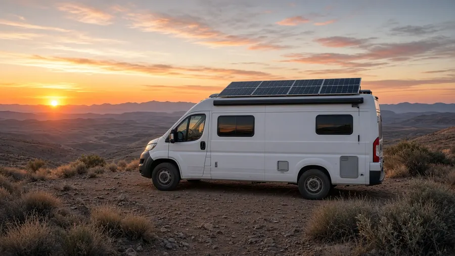 Camper van with solar panels on the roof at sunset